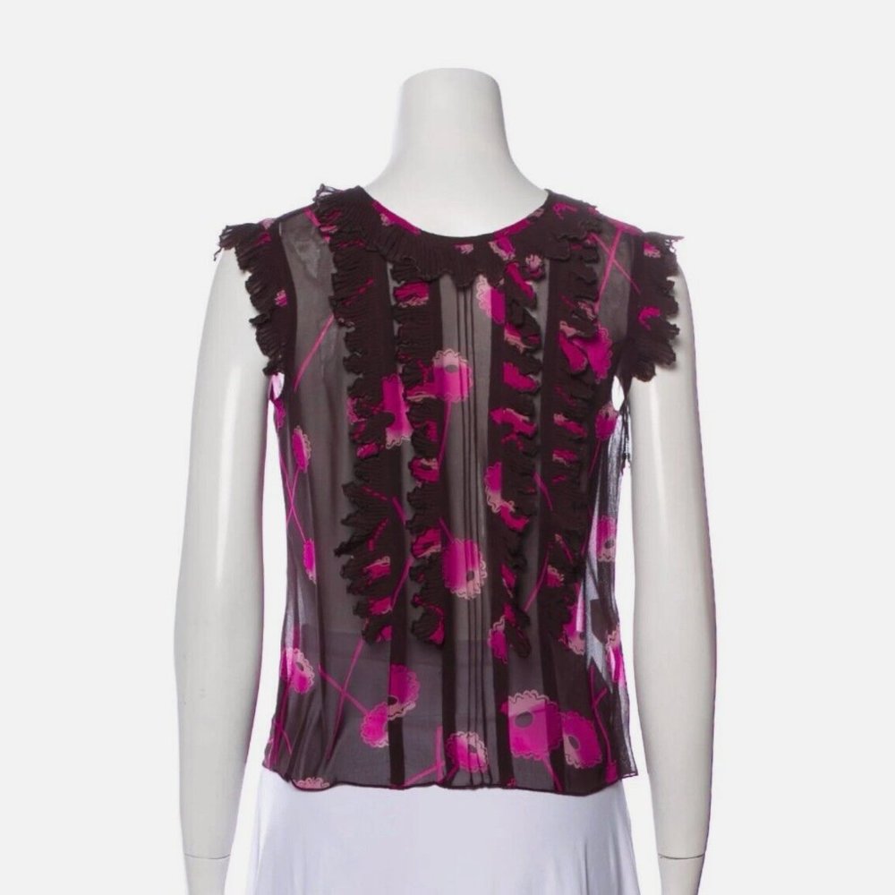 Anna Sui 100% Silk Floral Print Ruffle Blouse Size S